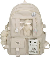 Waterproof backpack for girls - Girl's Backpack With Pin and Accessories - boys' backpack - women's backpack - Lightweight School Bag - School Student School Bag - Large Capacity Backpacks - Teenagers - High School Backpacks - White