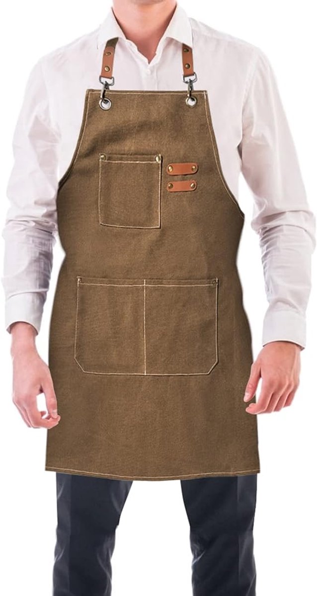 Men's Canvas Apron - Canvas Apron - 3 Pockets - Waterproof - Adjustable - Kitchen Apron for Men and Women - Apron for Barbecue, Restaurant, Garden, Carpenter - Easily Adjustable - Brown - 76 x 68 cm