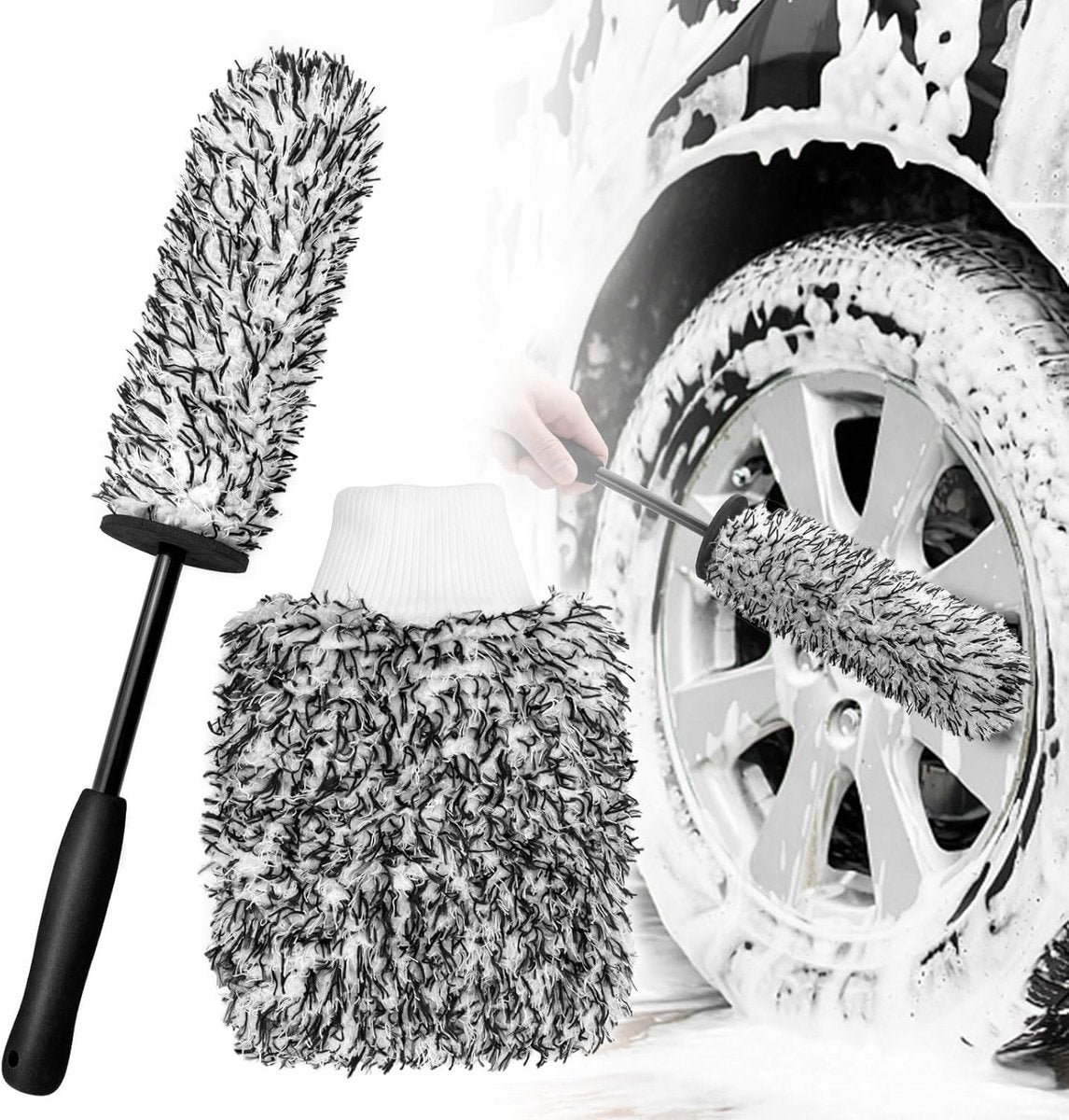 Rim Brush - Car Wheel Brush with Car Wash Glove - Microfiber Rim Brush - Tire Brush - Wheel Brush - Rim Cleaner - Car Rim Brush - Car Wheel Cleaning Brush - Detachable - Car Brush - Car Cleaning Set - Black