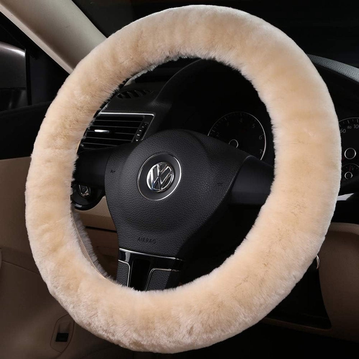 Plush Steering Wheel Cover - Car Steering Wheel Cover Plush - Car Steering Wheel Cover Set - Winter Steering Wheel Cover - Extra Soft Plush - Universal - car accessories - For steering wheels with a diameter of 37-39 cm - Beige