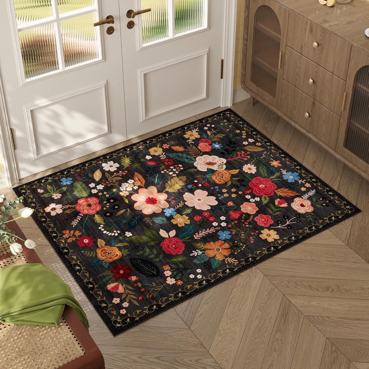 doormat - Indoor doormat - printed indoor doormat - Machine washable - vintage pattern - Boho style - Small rug with floral motif - Non-slip low-pile rug for entrance, kitchen, front door, hallway, children's room - 50 x 80cm - black