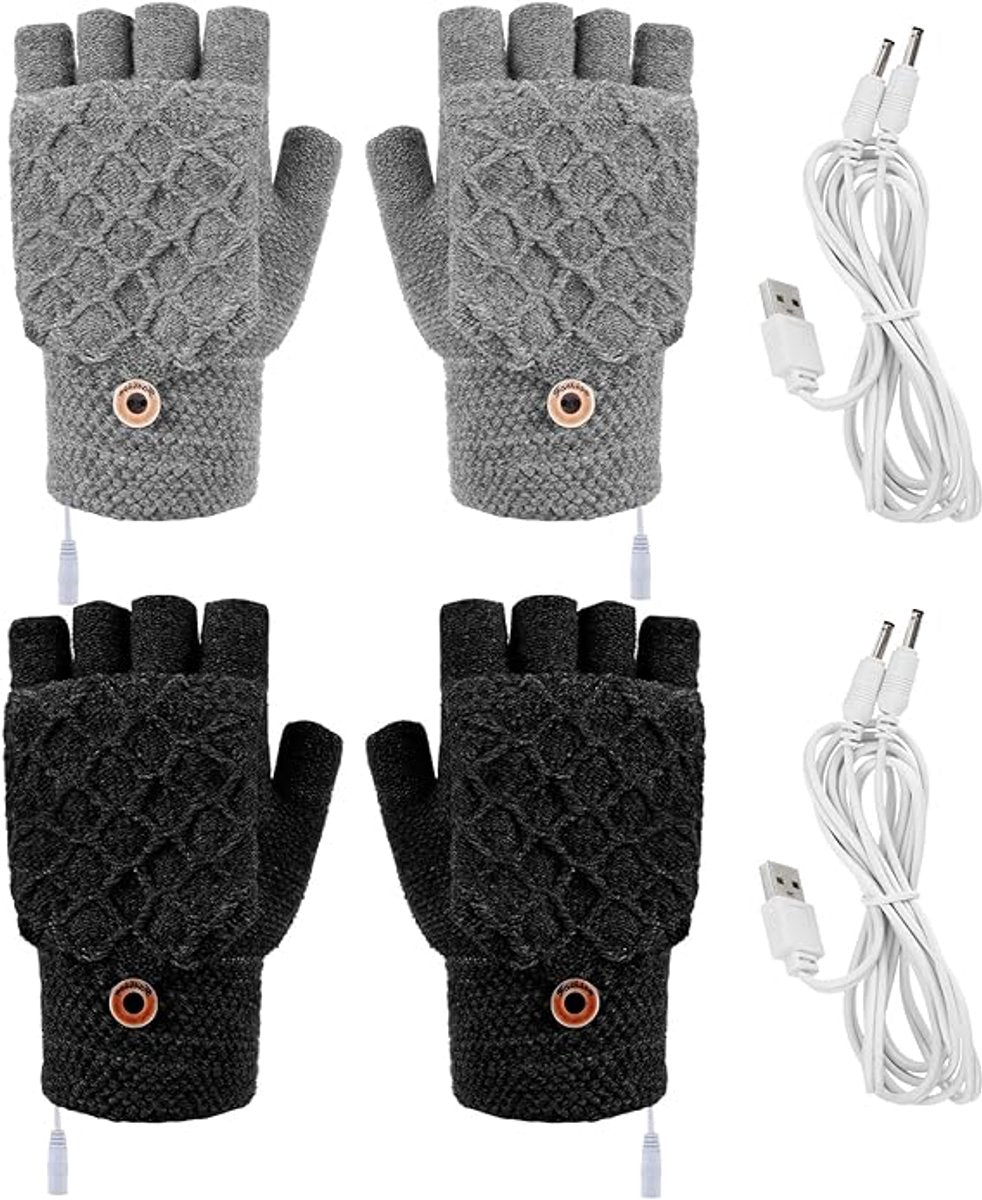 2 Pairs USB Heated Gloves - Heated Gloves - Electric Heating - Double-Sided Heating - Knitted Heated Gloves - Warm Winter Gloves - Gloves with Heating - Gloves - Winter - Unisex - Grey/Black