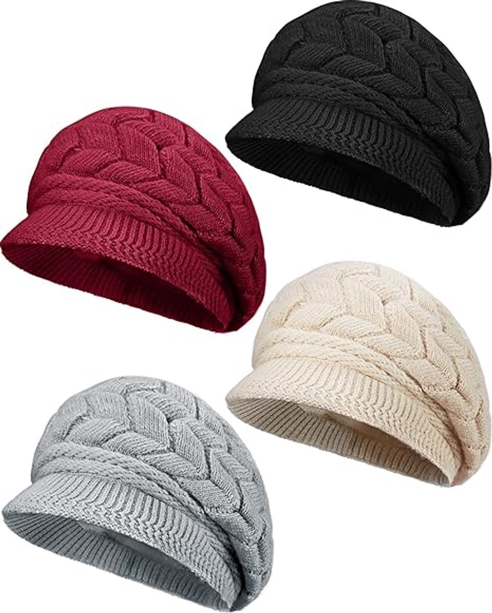 Ladies' Hat - Beanie Hat - Beret - Ladies' Beret - 4 Pieces - Knitted hat for ladies - Warm Winter Beret - Winter Hat - Warm Hats - Winter Hat with Brim - Winter - Fashion - Black/Beige/Grey/Red