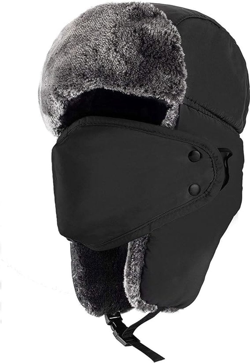 Beanie - men's beanie - Winter beanie - With Ear flaps and Face Mask - Winter Fur - Men's winter hat - Trapper hat - Black Ski Trooper - Snow Cap - Russian hat - Hunter's hat - Winter ear flap beanie - for cold weather - Black