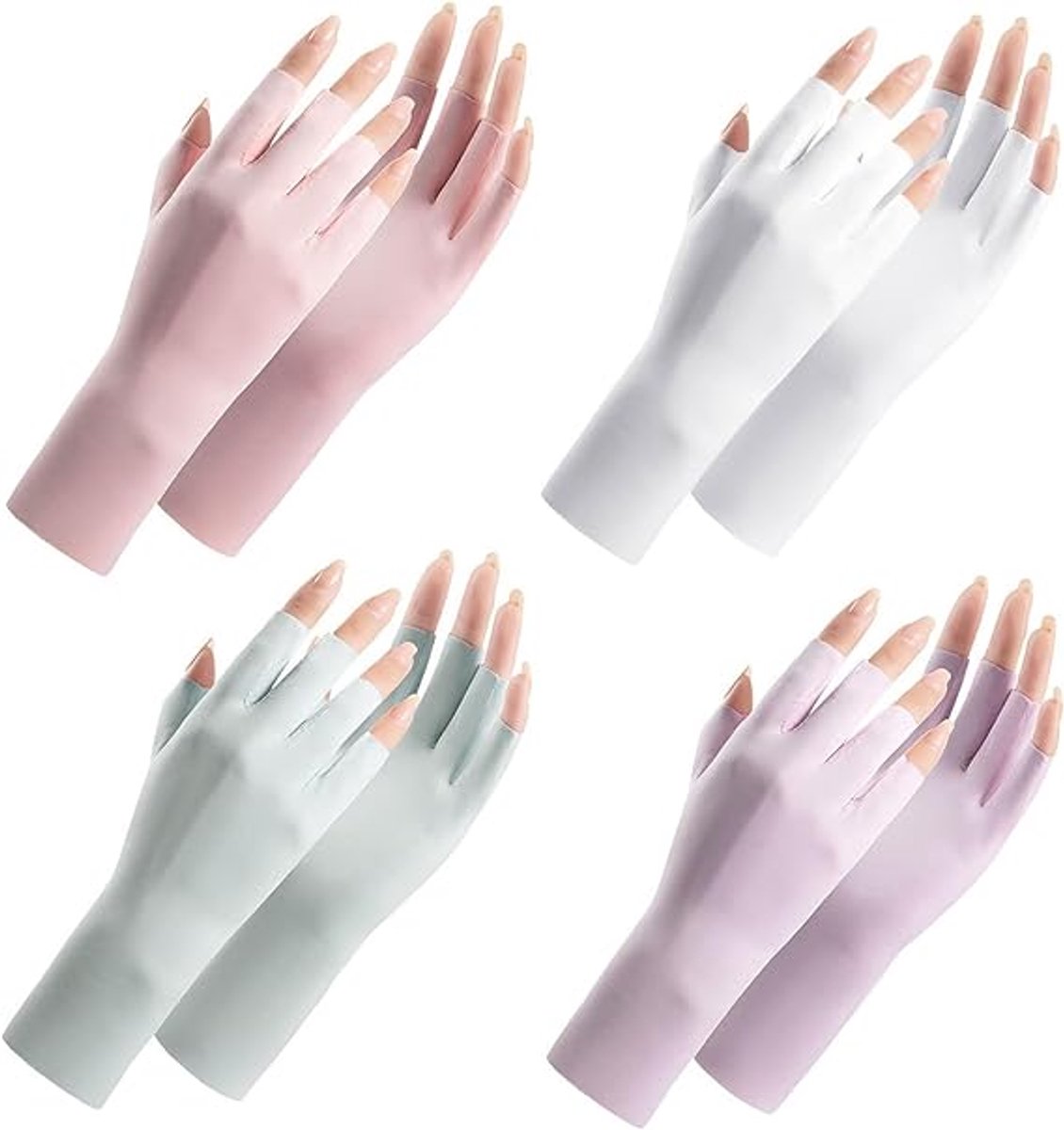 4 pairs - Gloves - Half-finger gloves - women's UV-protective half-finger gloves - summer hand protection gloves - fingerless gloves with sun protection - pink, white, grey and purple - 23 cm