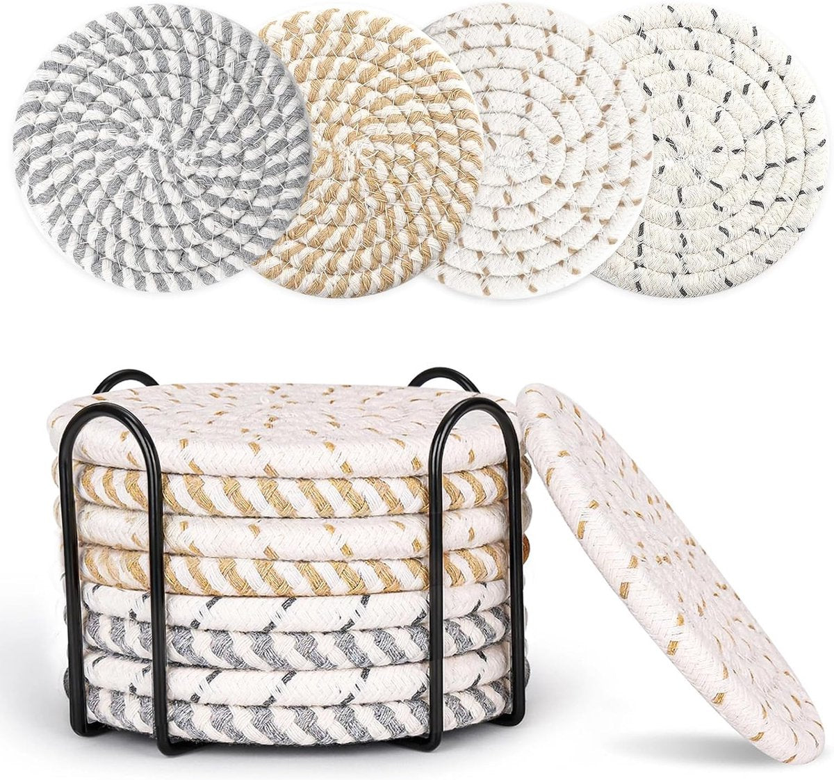 Set of 8 Round Coasters with Stand - Coaster Set - Thermal Insulation - Non-Slip Braided Cotton Coasters - Coasters for Glasses - for Glasses - For Drinks, Bar, Cups, Table Coasters