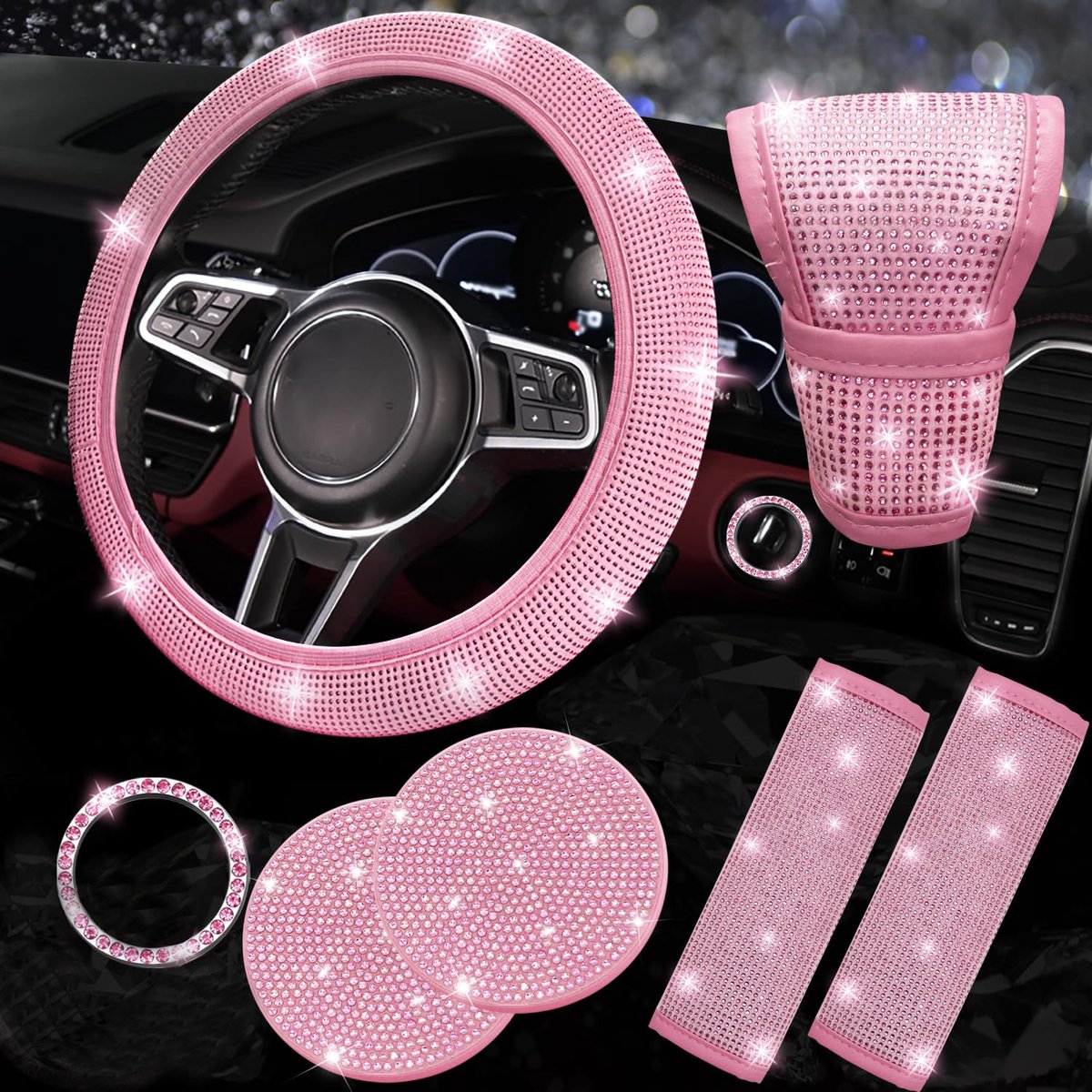 car decoration - Car accessories set - 7 Piece glittering decoration set - bling steering wheel cover - seatbelt cover - decorative car - decoration for car - Sparkling diamond decoration - Car interior - cute complete interior set - Pink