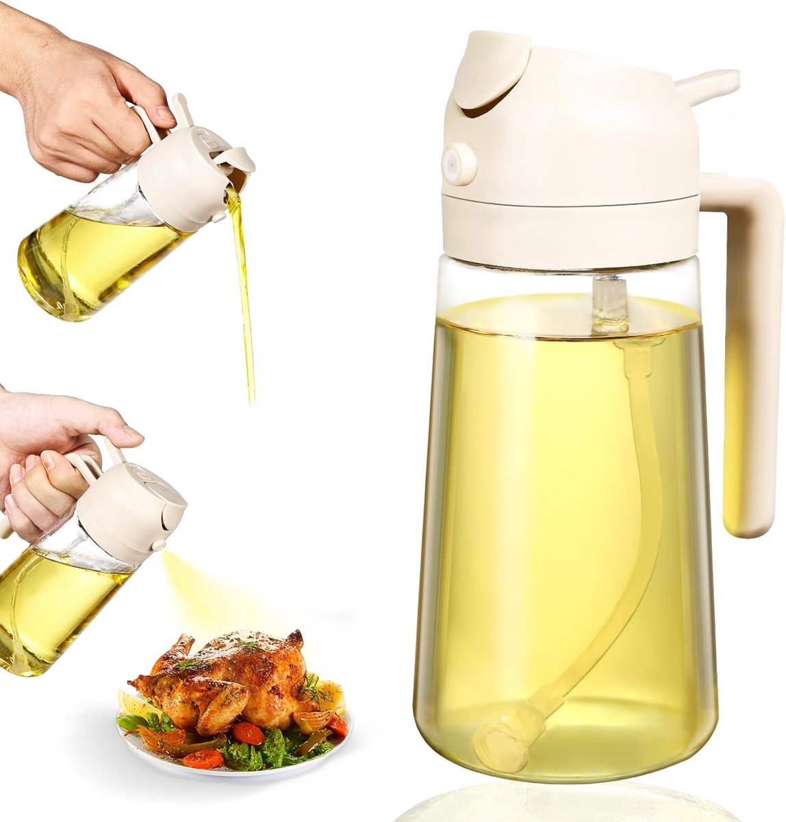 2-in-1 - Oil spray bottle - olive oil dispenser bottle - 470 ml - Olive oil sprayer - oil container - oil bottle - oil spray bottle - oil dispenser - oil atomizer - glass oil spray - kitchen utensil - spray and pour - for kitchen, BBQ, barbecue - white