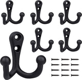 6 pieces - 54*49mm - Hook - Clothes hook - Retro double coat hooks - Wall hook - Metal hook - Universal hooks - with 12 screws - for coat, scarf, bag, towel, key, cap, cup, hat - black