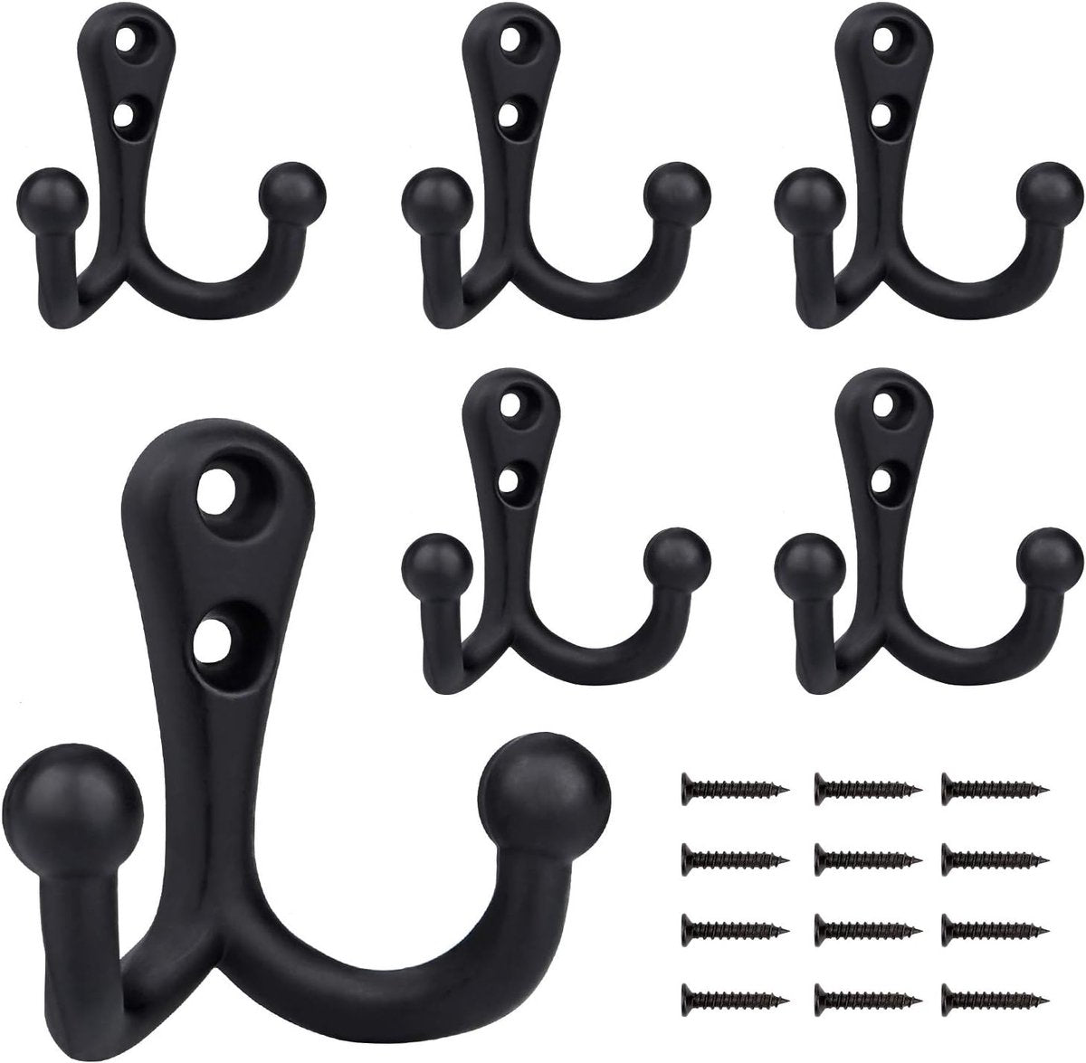 6 pieces - 54*49mm - Hook - Clothes hook - Retro double coat hooks - Wall hook - Metal hook - Universal hooks - with 12 screws - for coat, scarf, bag, towel, key, cap, cup, hat - black