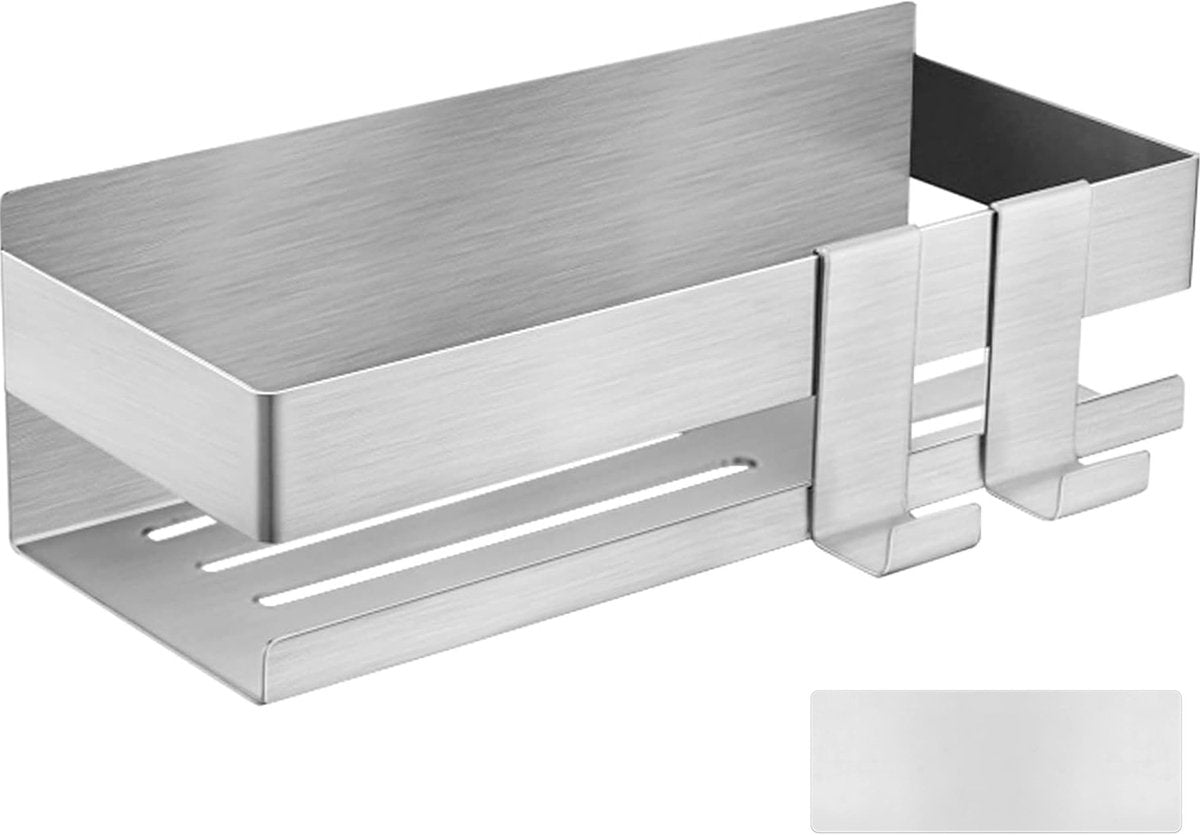 Stainless Steel Shower Rack - No Drilling Required - Wall Rack - Shower Rack - Shower Rack - Self-adhesive Shower Basket - Small Wall Rack - With Perfect Grip - Bathroom Shelf - with 2 Hooks - Bathroom Rack Shelf - Shower Basket 22 cm - Silver