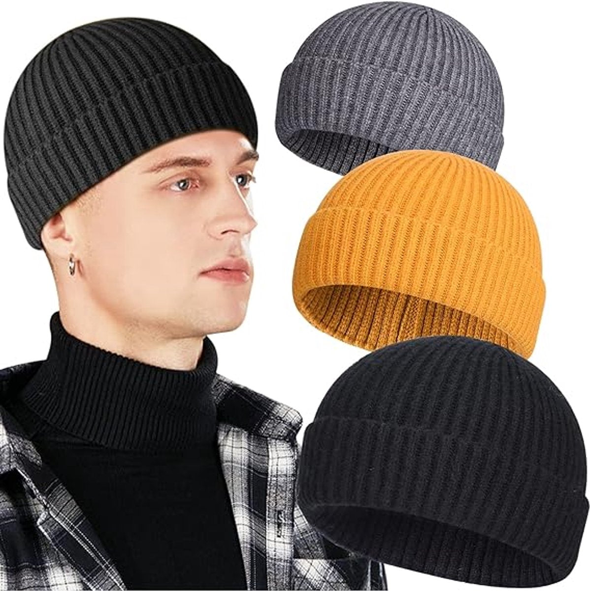 3 Pieces - hat - men's hat - Beanie - women's hat - men's beanie - Winter hat - knitted hat - Warm Hats - Cycling hat - Knitted ski hats - Running hats - Ultrawarm - Unisex - short knitted autumn winter warm hat - Yellow, Grey, Black