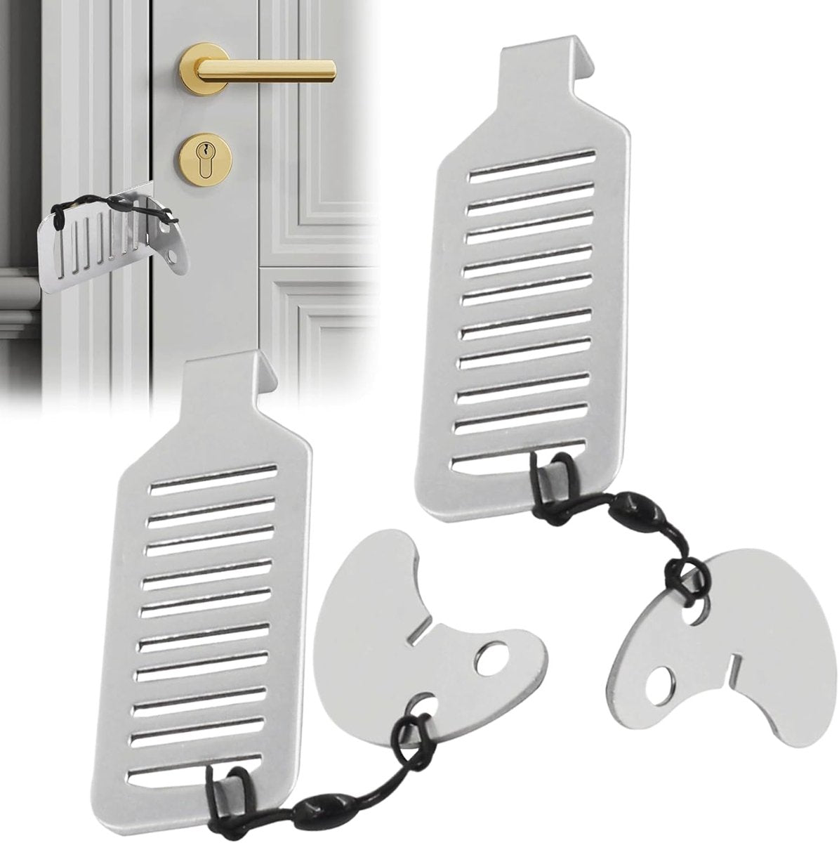 2 pieces - Door stopper - Portable door lock - Lock - Portable security door locks - Anti-theft door stopper - Anti-burglary door stopper - theft protection - for travel, apartments, hotels, schools, vacation homes - 8*3 cm - silver