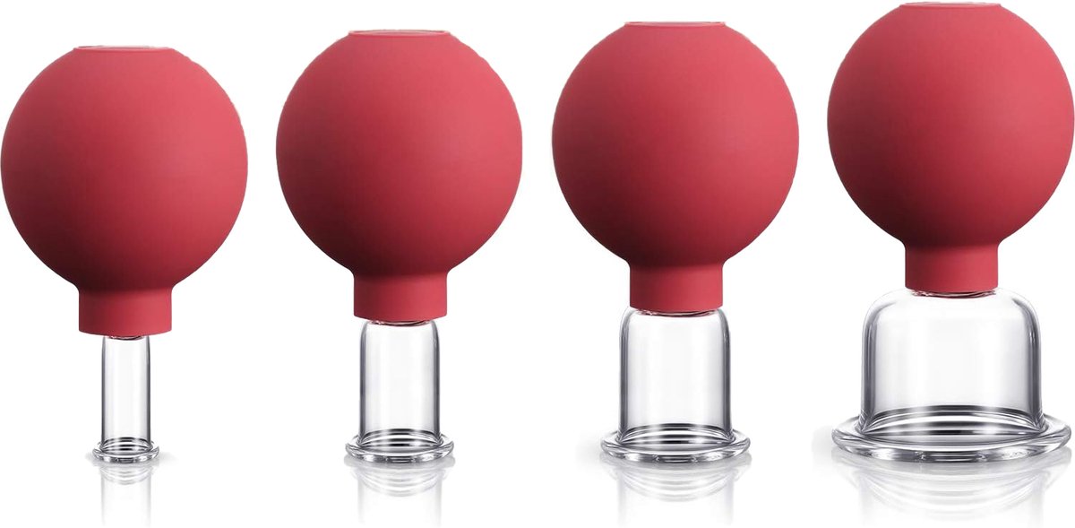 4-Piece Cupping Set - Silicone Face Cups - Cellulite Cups - Glass Facial Cupping Set - Facial Cupping - Vacuum Massage Therapy - Face Cupping - Massage Cups - cups for body, face, leg, arm, back, shoulder, muscle and joint pain - Red
