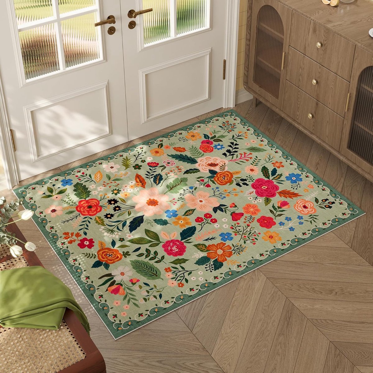 doormat - Indoor doormat - printed indoor doormat - Machine washable - vintage pattern - Boho style - Small rug with floral motif - Non-slip low-pile rug for entrance, kitchen, front door, hallway, children's room - 40 x 60cm - Green