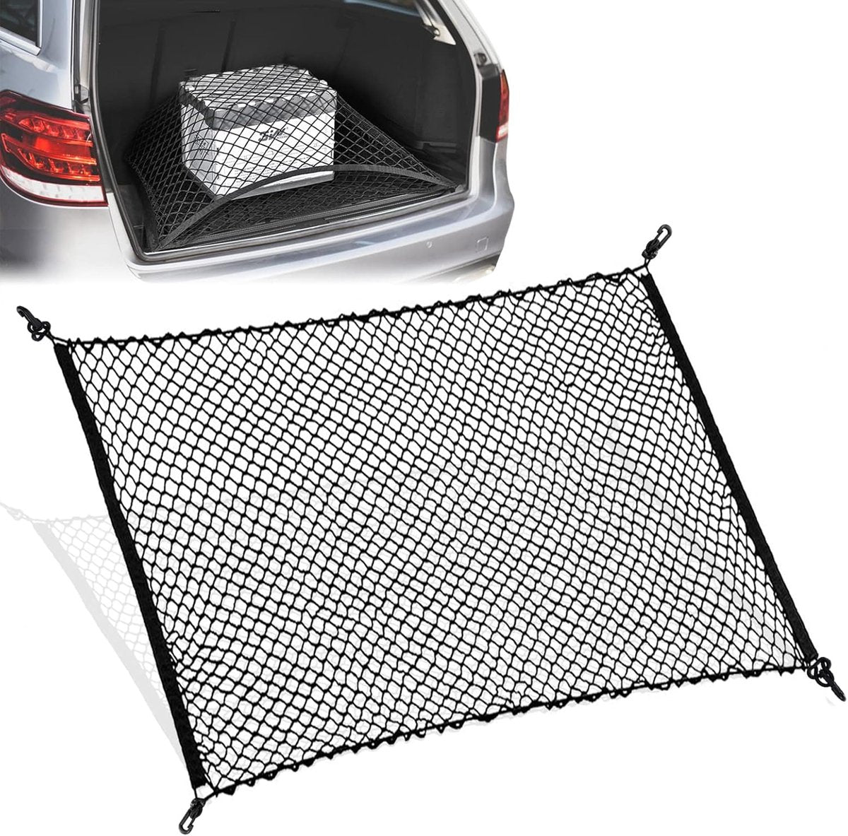 Elastic Trunk Net - 110 × 60 CM - Trunk Net with 4 Hooks - Car Trunk Cargo Organizer Net - Car Organizer - Car Trunk Net - Luggage Net - Universal Car Luggage Net - Luggage Net - Trunk Net - For Most Cars - Black