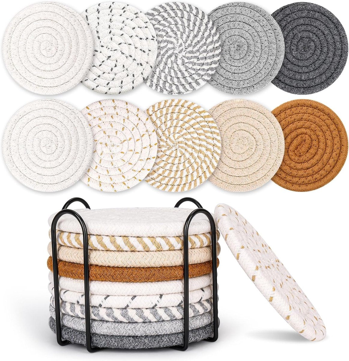 Set of 10 Round Coasters with Stand - Coaster Set - Thermal Insulation - Non-Slip Braided Cotton Coasters - Coasters for Glasses - for Glasses - For Drinks, Bar, Cups, Table Coasters - Grey/Khaki