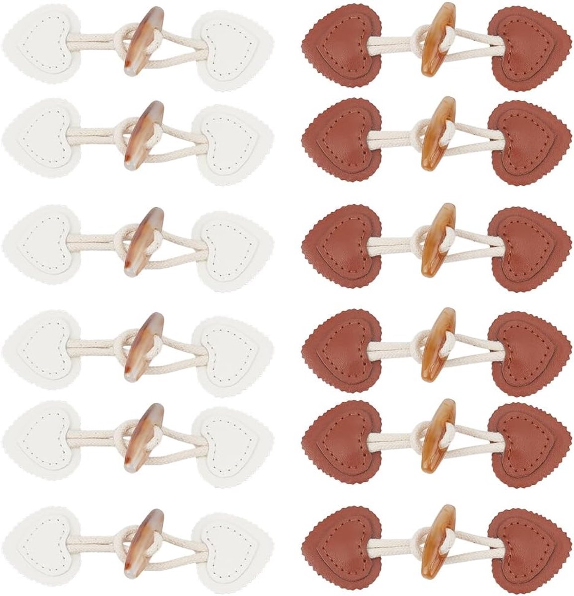 12 pieces - Leather Toggle Buttons - PU leather sew-on fasteners - Horn buttons for trench coats - sew-on fasteners - with resin buttons - leather fastening buttons - toggle buttons - for coats, sweaters, knitwear, jackets, DIY accessories - white, brown
