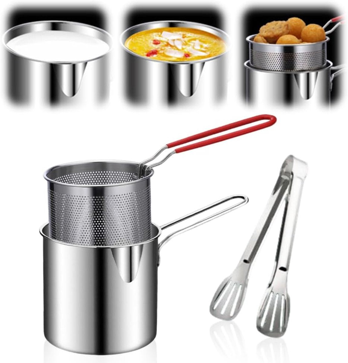Stainless Steel Deep Fryer - Small Deep Fryer - Filter Jug - With Kitchen Clip - Separates Grease Residues - Deep Fryer with Basket - Mini Deep Fryer - Deep Fryer - Chip Fryer - Household Deep Fryer - Suitable for Gas and Induction - For Kitchen and Campi