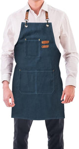 Men's Canvas Apron - Canvas Apron - 3 Pockets - Waterproof - Adjustable - Kitchen Apron for Men and Women - Apron for Barbecue, Restaurant, Garden, Carpenter - Easily Adjustable - Blue - 76 x 68 cm