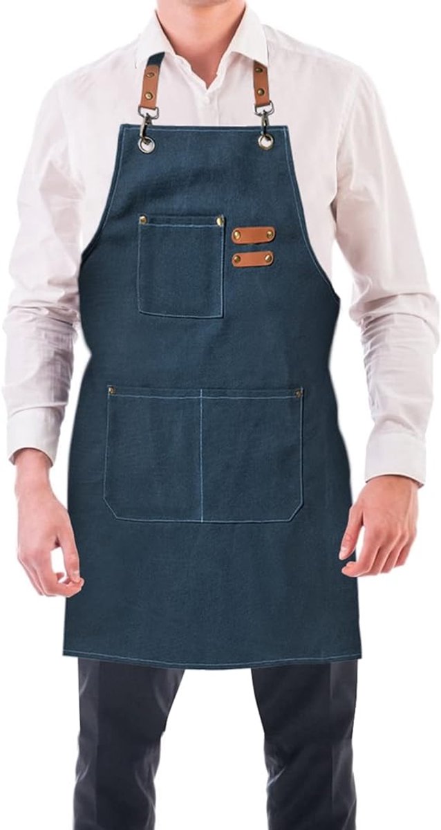 Men's Canvas Apron - Canvas Apron - 3 Pockets - Waterproof - Adjustable - Kitchen Apron for Men and Women - Apron for Barbecue, Restaurant, Garden, Carpenter - Easily Adjustable - Blue - 76 x 68 cm