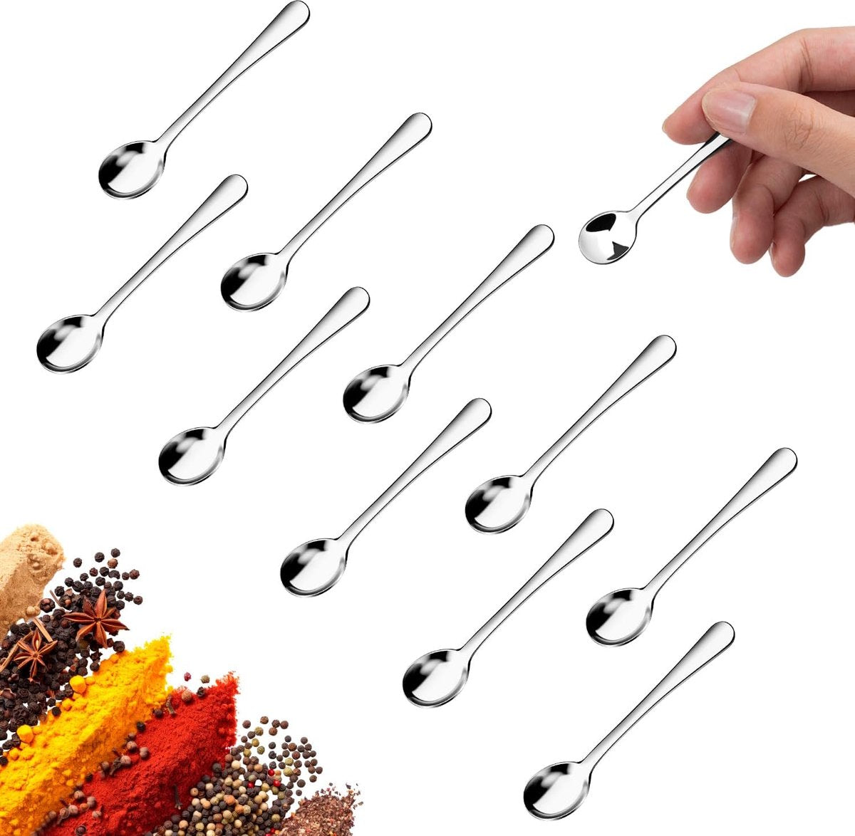 10 pieces - Spoon - Kitchen sauce spoon - Sauce spoon - Spice spoon - Small spoons for spice jars - mini spoons - Stainless steel small spoons - Kitchen utensils - for herbs, salt, pepper, spices, sugar, honey, coffee - 7.5 cm - silver