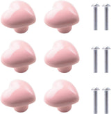 Set of 6 pink ceramic knobs - heart shape - with screws for drawers - cabinets - kitchen furniture - decorative handles