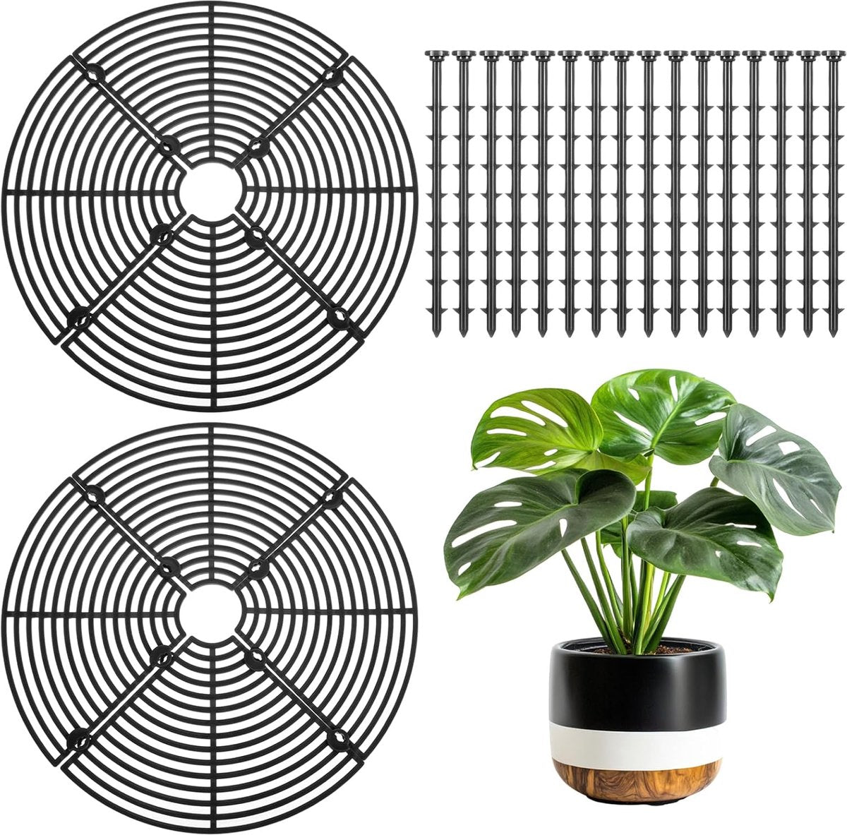 2 pieces - plant pot cover - 30 cm - Flowerpot grid - planter cover set - plantpot grid bottom protectors - with 16 posts - plant covers - for indoor and outdoor gardening - plant protectors - keeps cats and squirrels out of the flowerpot - black