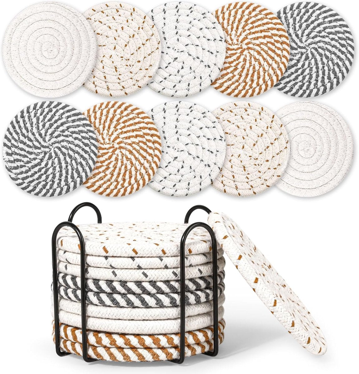 Set of 10 Round Coasters with Stand - Coaster Set - Thermal Insulation - Non-Slip Braided Cotton Coasters - Coasters for Glasses - for Glasses - For Drinks, Bar, Cups, Table Coasters
