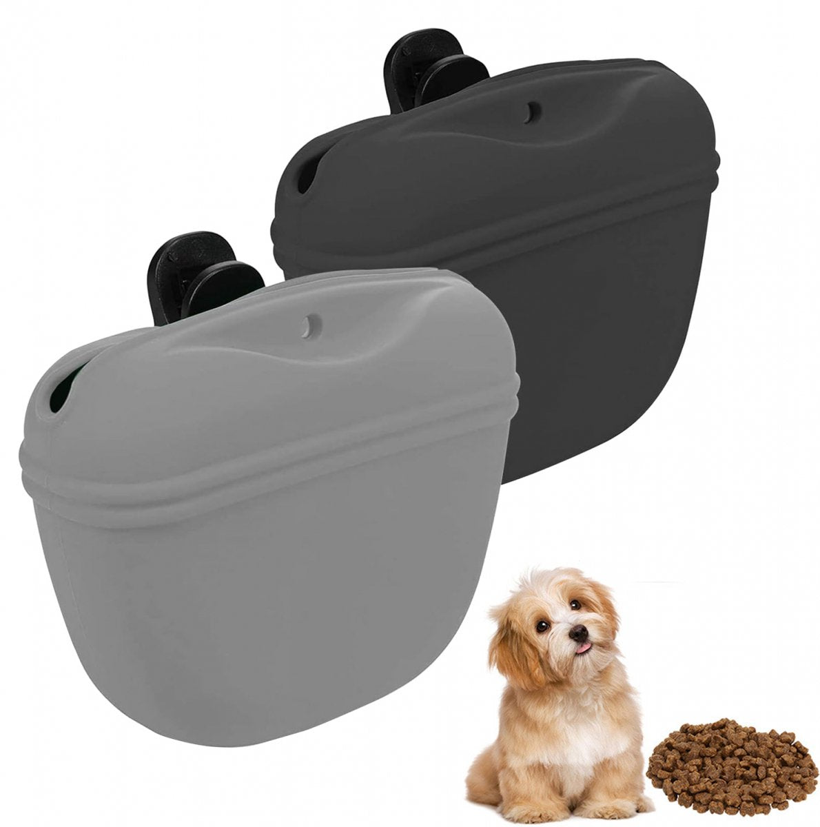pieces - Reward Pouch for Dogs - Dog Training Treat Bag - Dog Treat Pouch - silicone dog treat pouch - BPA-free - with clip - dog training bag - grey and black - 12.5*4*10.5 cm