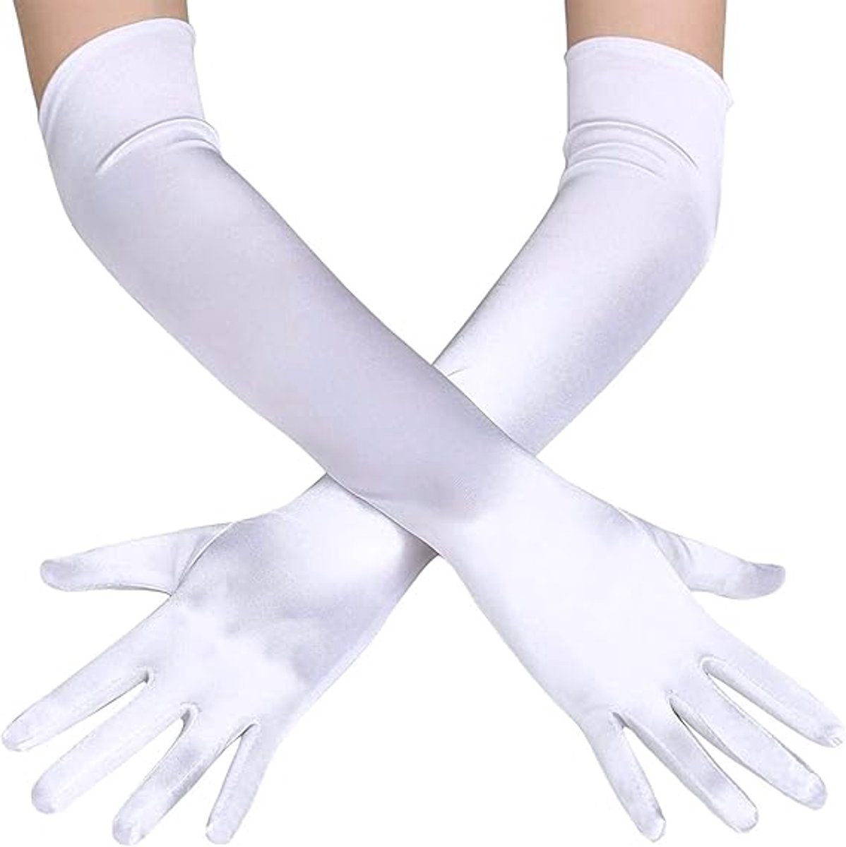 Gloves - 55 cm - Long glove - Long satin women's gloves - for weddings, parties, formal events and performances - Elastic gloves - up to the elbow - for brides, princesses, operas and other occasions - white