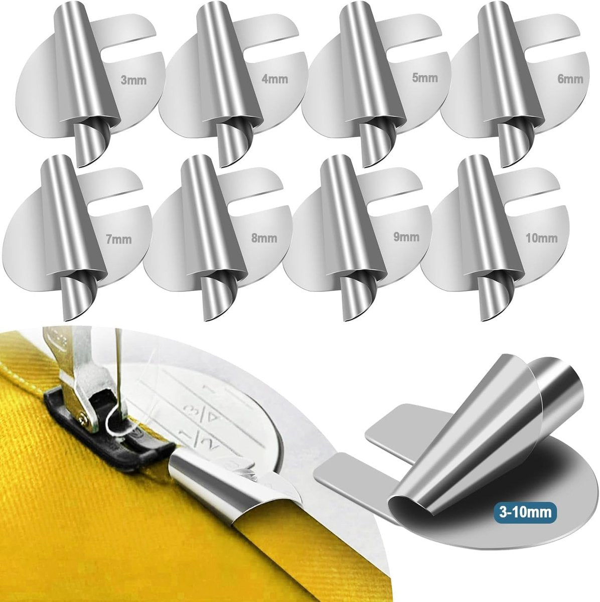 Hem feet - Rolled Hem Foot - Sewing machine accessories - Rolled Hem Presser Foot - Hemmer foot - sewing machine presser foot - sewing accessories - with 8 sizes - Stainless Steel Rolled Hem Presser Foot - for home use - 3-10 mm - silver