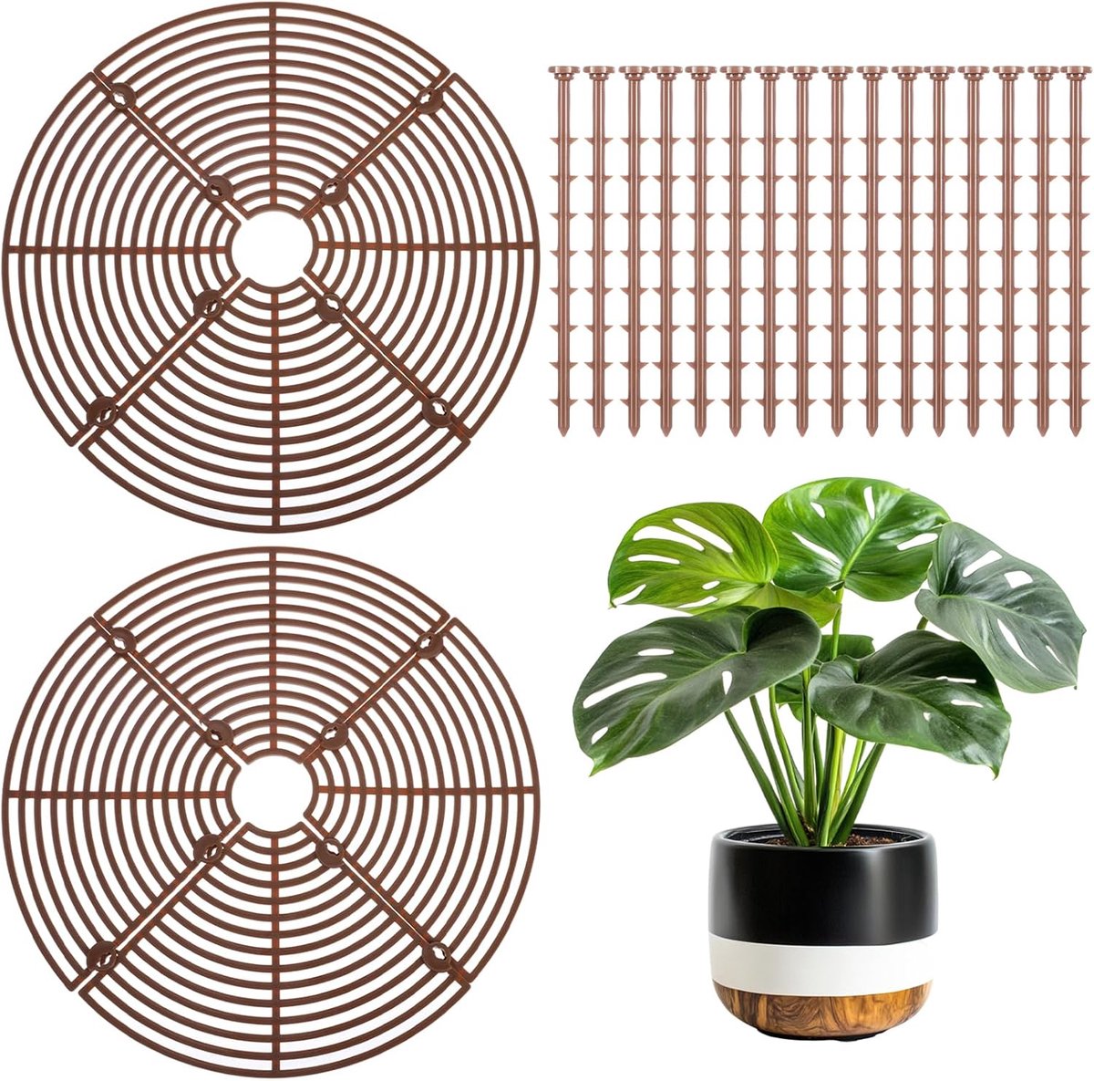 2 pieces - plant pot cover - 30 cm - Flowerpot grid - planter cover set - plantpot grid bottom protectors - with 16 posts - plant covers - for indoor and outdoor gardening - plant protectors - keeps cats and squirrels out of the flowerpot - brown