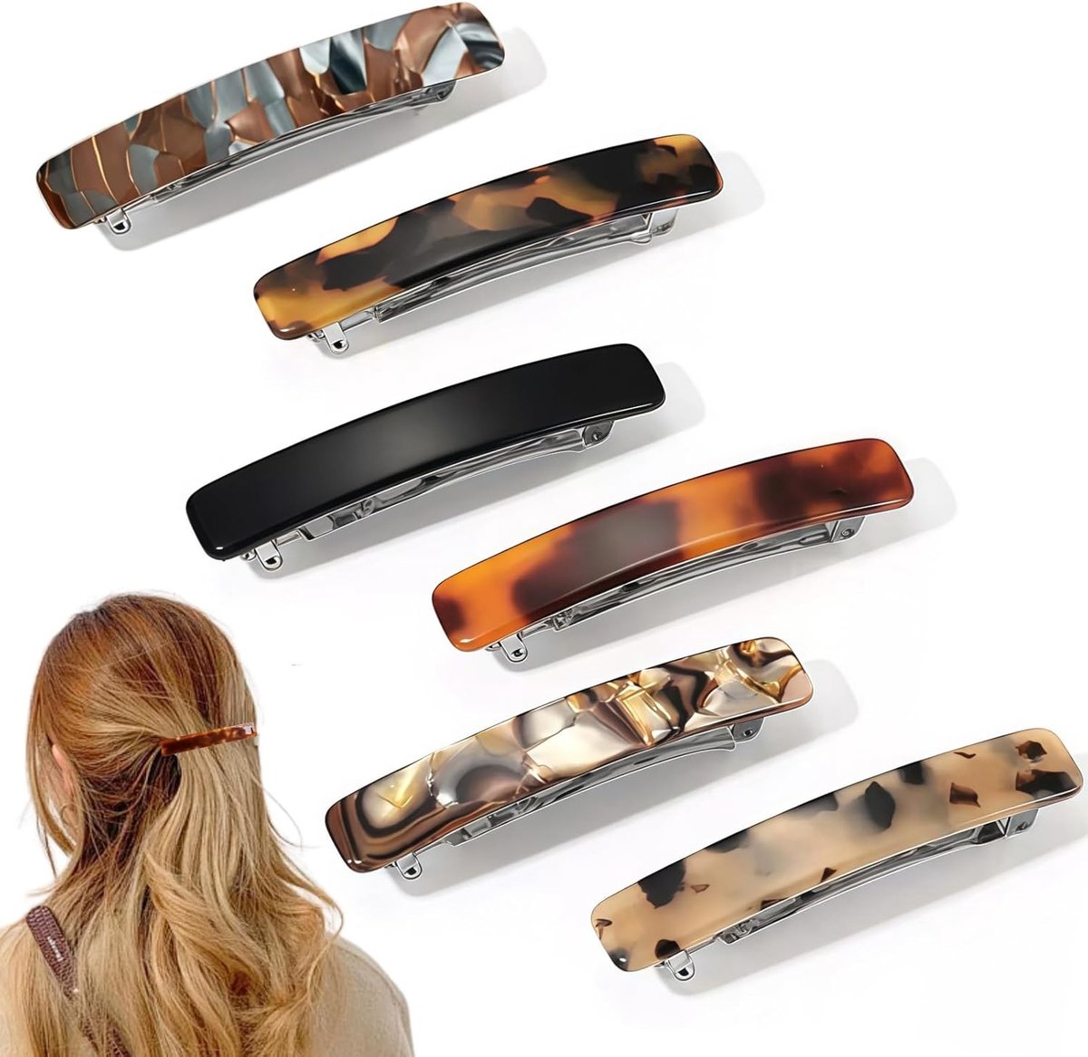 6pcs French Hair Clips - 3 Inch Hair Pin - Tortoiseshell Acetate - Delicate Hair Accessories - Colorful Hair Slides for Girls and Women