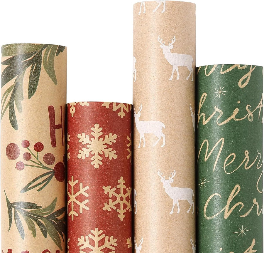 Wrapping paper - Christmas wrapping paper - Christmas gift paper - Wrapping paper with figures - 43 x 300cm - 4 rolls - Christmas paper wrapping paper for Christmas - Christmas paper wrapping paper for children - gift paper - Kraft gift paper - Christmas 