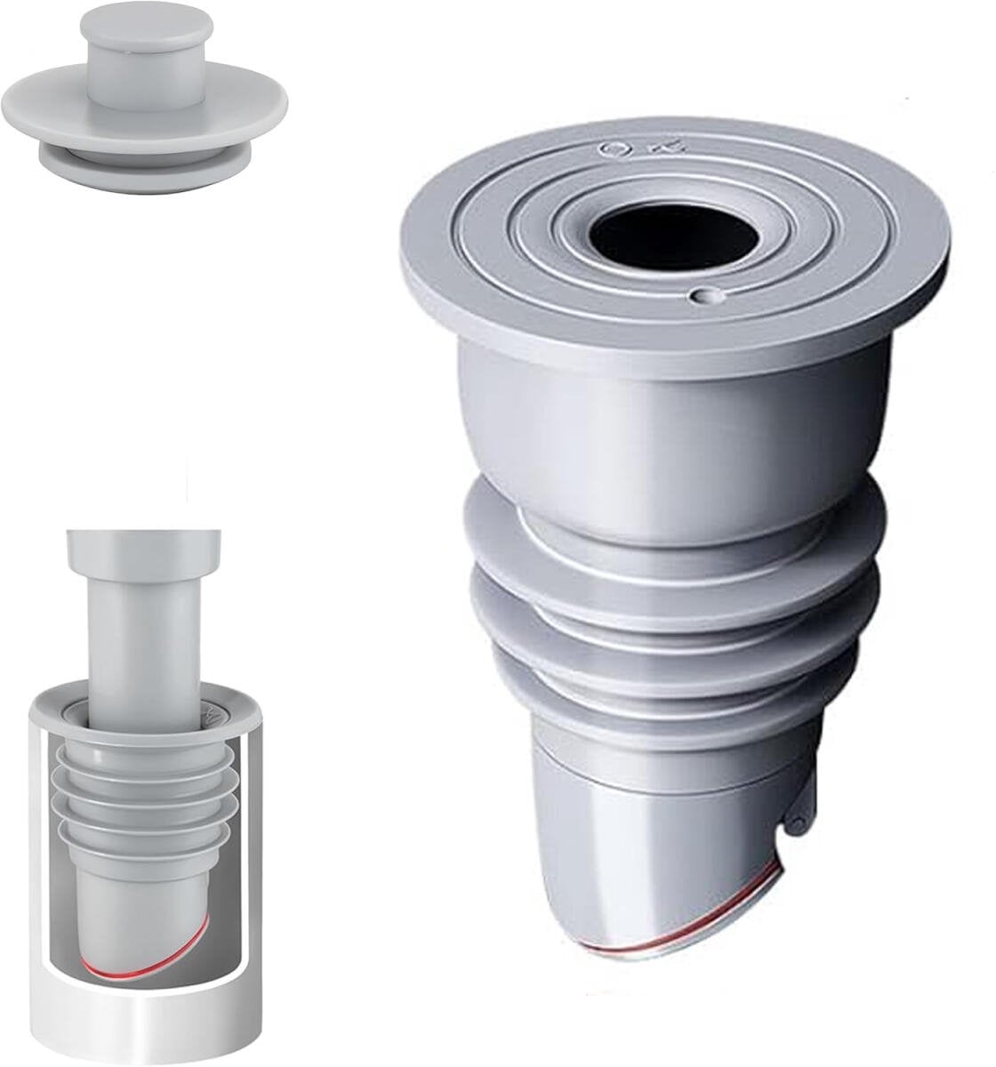 Washing machine drain plug - Sealing ring - suitable pipe inner diameter 35-40 mm - Drain plug - Sewer seals - Floor drain plug cover - drain pipe seal - anti-odor drain seal - with lid - for home, kitchen and bathroom - grey