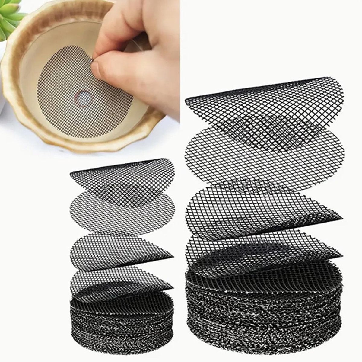 100 pieces - Round flowerpot mat - flowerpot mat - mesh garden mat - plant pot bonsai soil grid - for garden - prevents soil loss - drainage screens - 4.5 cm and 10 cm, 50 pieces each - black
