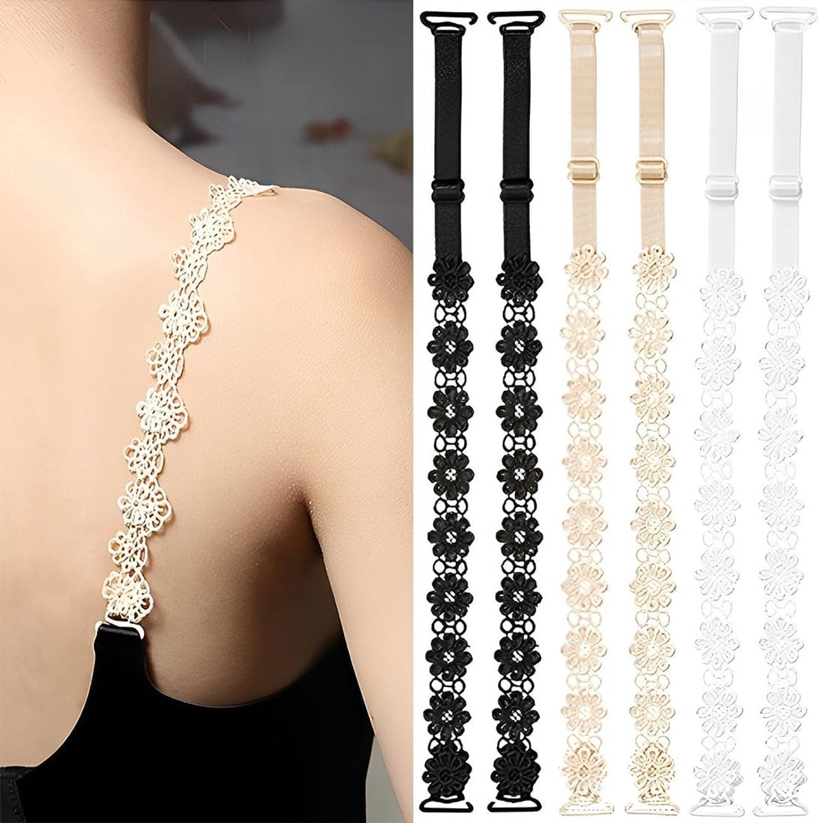 bra straps - 3 pairs - replacement bra straps for women - elastic bra shoulder straps - lace floral bra straps - non-slip bra straps - adjustable elastic shoulder pads