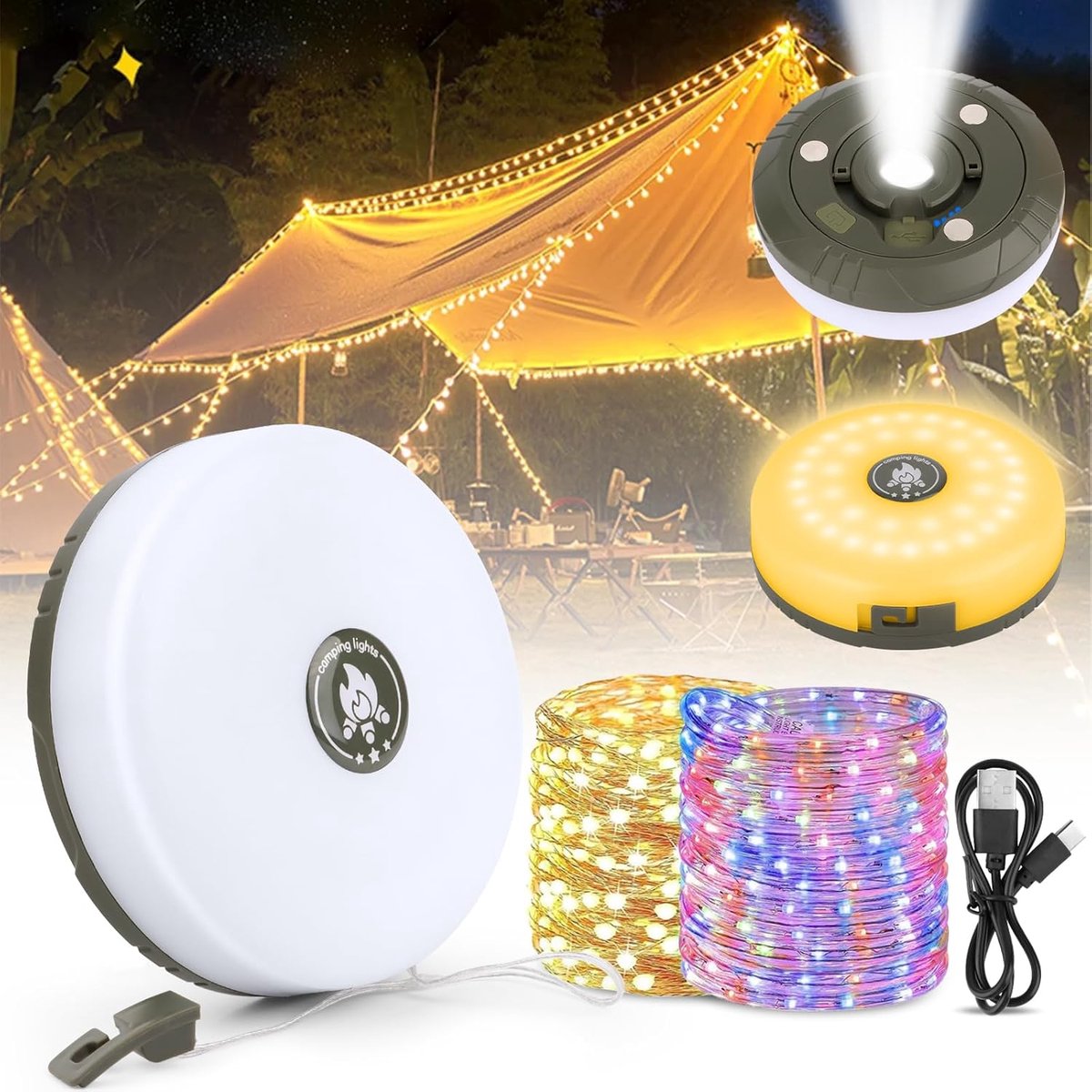 2-Piece Camping Light String 10 M - Warm Lights and Colored Light - Camping Lighting String - Light Garland - Ambience Strip - 4-in-1 Portable - Camp Lamp - Retractable - Waterproof - Solar String Lights - For Camping, Garden, Decoration - USB Rechargeabl