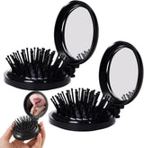 Allecto Plus - Set of 2 Foldable Travel Brushes with Mirror Portable Comb Pocket Massager for Men, Women, and Girls (Travel Size Mini Compact)