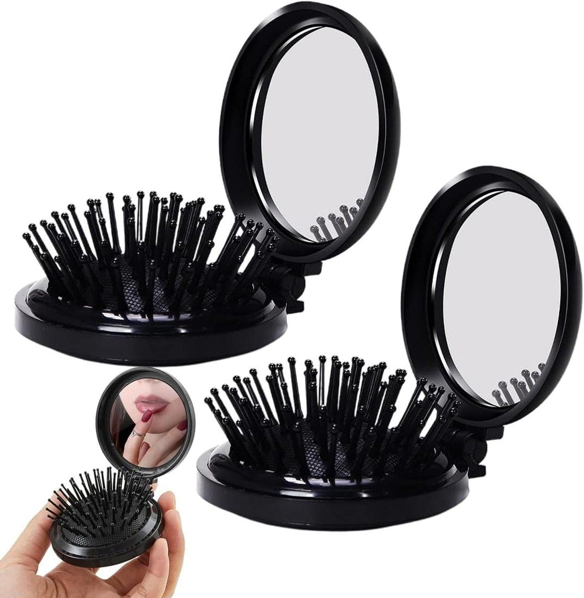 Allecto Plus - Set of 2 Foldable Travel Brushes with Mirror Portable Comb Pocket Massager for Men, Women, and Girls (Travel Size Mini Compact)