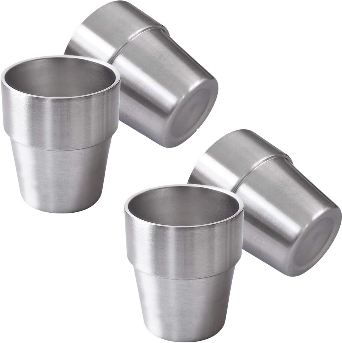 4 pieces - Stainless steel cup - 180 ml - Stackable stainless steel cups - metal cup - Double-walled insulated drinking cups Glasses - for home, restaurant, office, camping, party - 7.2*5.5*7.5 cm - silver