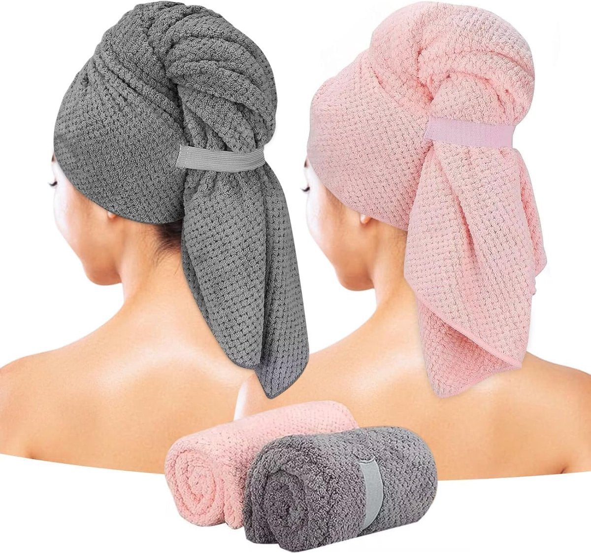 2 pieces - Microfiber Hair Towel - Microfiber Drying Towels - Microfiber towels - Hair Drying Towel - Hair Towel - Fast-drying Headscarf - wet hair towels - dry hair towels - for wet hair, showering and make-up - 100*60 cm - pink, grey