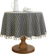 Round Tablecloth - Tablecloth with striped tassels made of cotton and linen - Washable Tablecloth - for table decoration in the kitchen and dining room - Round - 150 x 150 cm