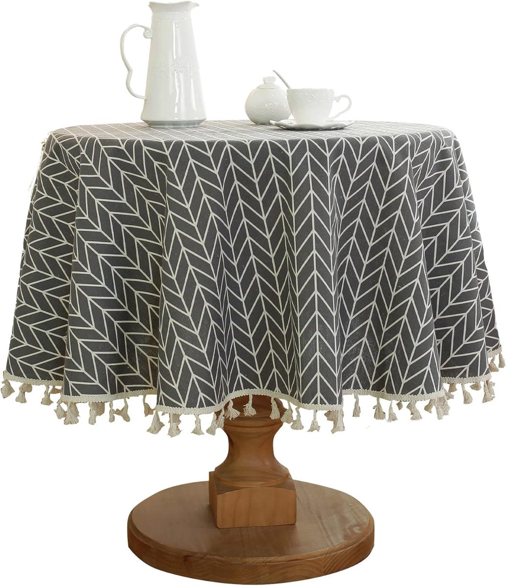 Round Tablecloth - Tablecloth with striped tassels made of cotton and linen - Washable Tablecloth - for table decoration in the kitchen and dining room - Round - 150 x 150 cm