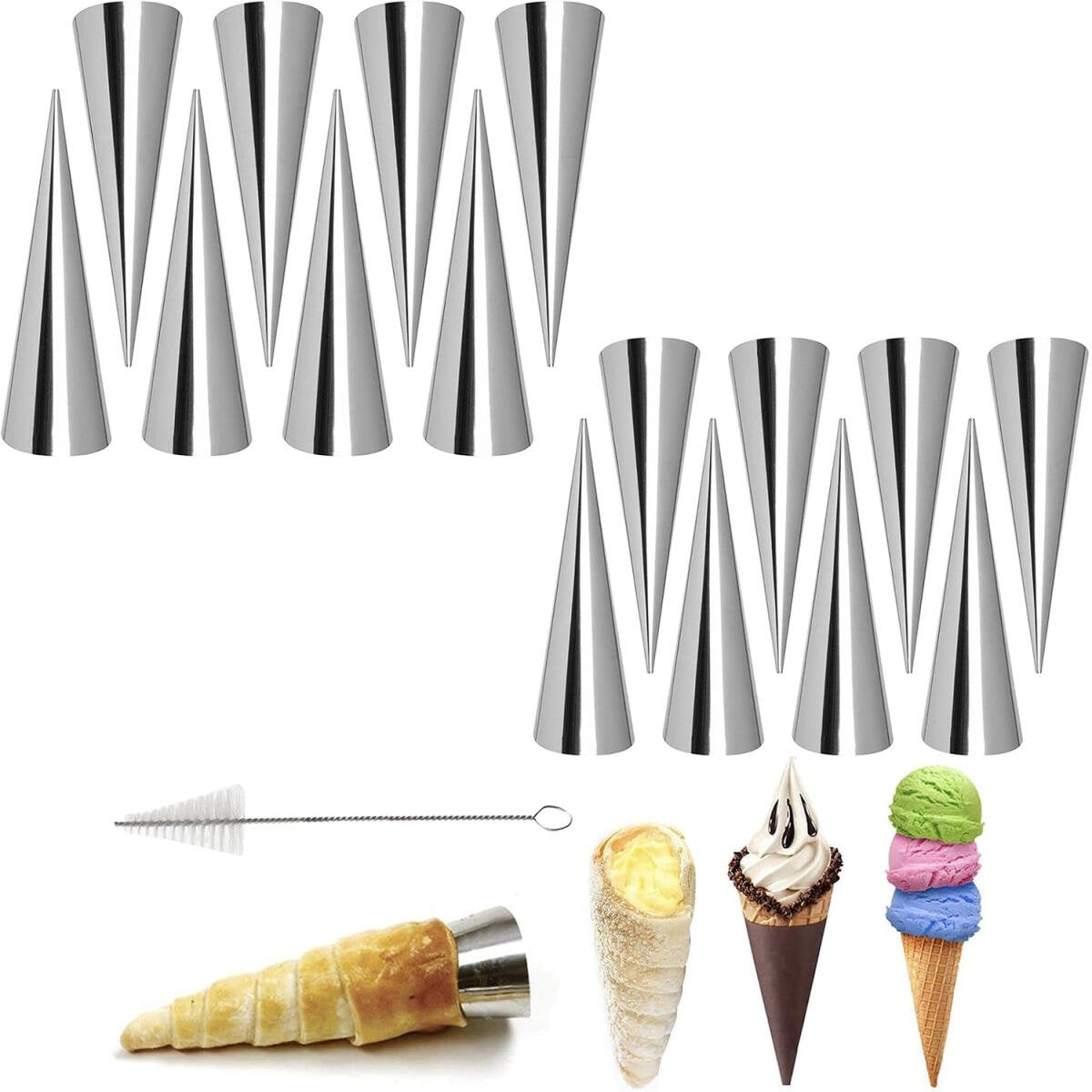 16 pieces - Croissant molds - Cream horn molds - Ice cream cone molds - Horn molds - Baking tools - Stainless steel baking pan - kitchen utensils - with cleaning brushes - for pastries, cream horns, cakes - 12.4*3.4 cm - silver