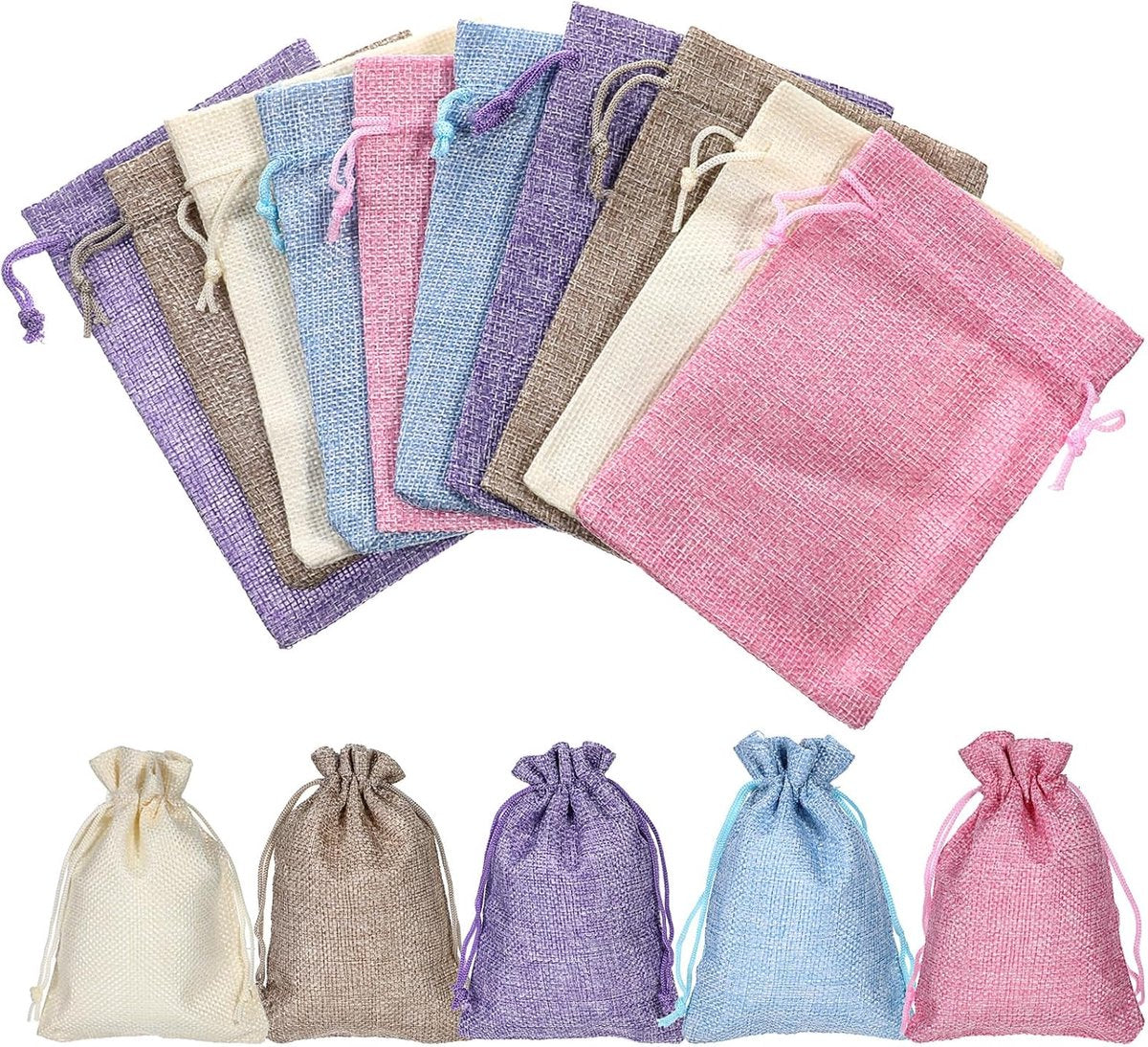 15 pieces - jute bags with drawstring - drawstring - gift bag - storage bag - gift packaging - jewelry pouch jute bags - jute bags - for Christmas, Thanksgiving, wedding favors, DIY, crafting - 14*10 cm - linen, purple, pink, blue, beige