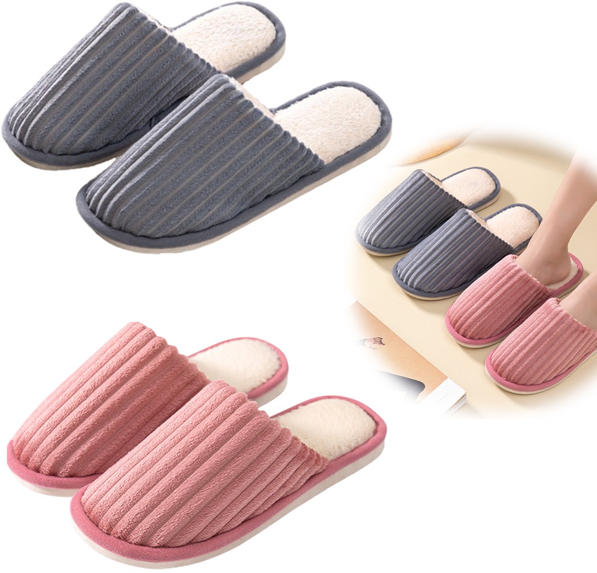 Slippers - 2 Pieces - women's slippers - men's slippers - House shoes - Grey men's slippers size 43-44 - Pink women's slippers size 39-40 - Couples - Nice and soft - Comfeet - Non-slip - Unisex - for autumn and winter - Pink and Grey