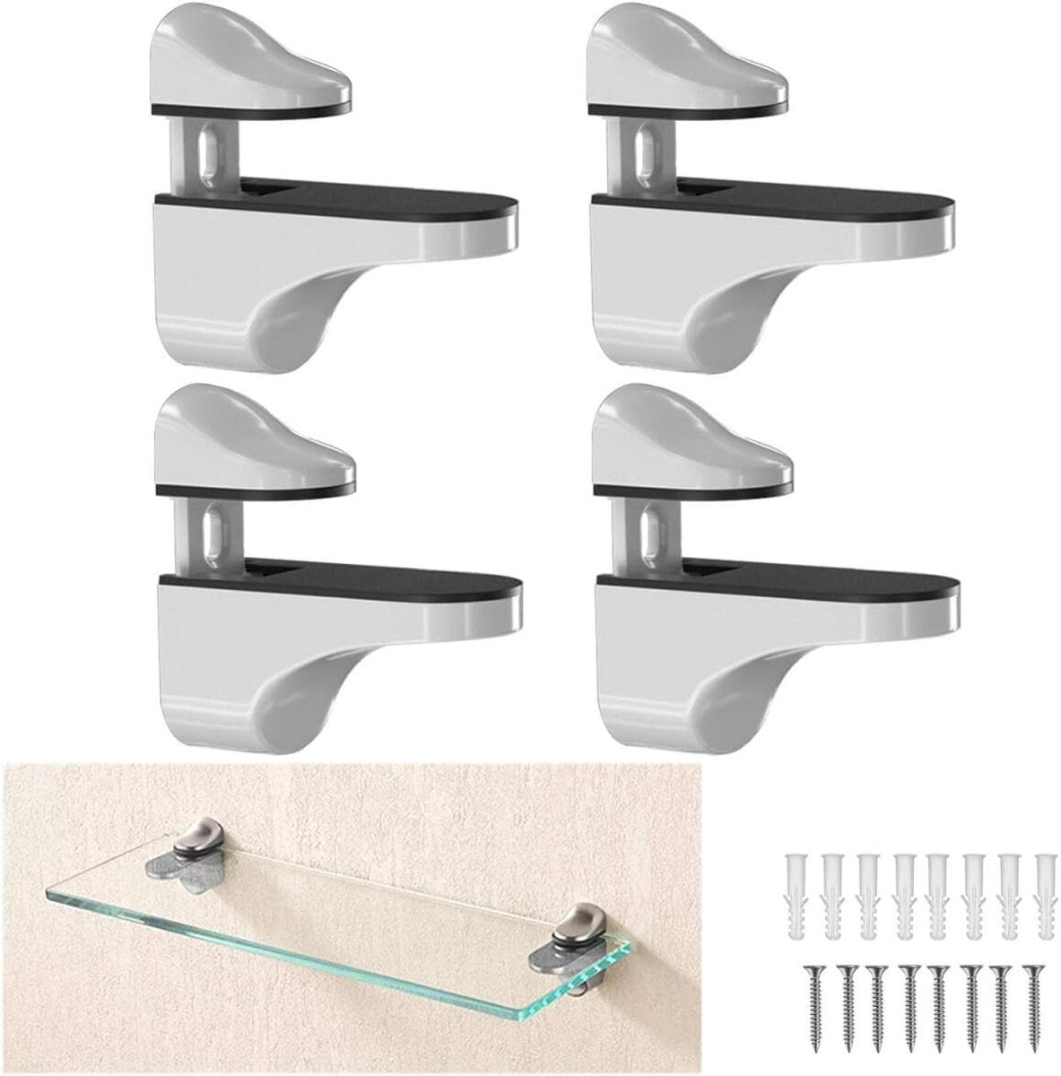 4 pieces - Glass clamp - Glass shelf brackets - Adjustable - Glass shelf bracket - fishmouth glass clip - wall mounting bracket - zinc alloy - furniture accessories - hardware accessories - with screws - for shelves of 3-20 mm thickness - 56*24*50 mm - wh