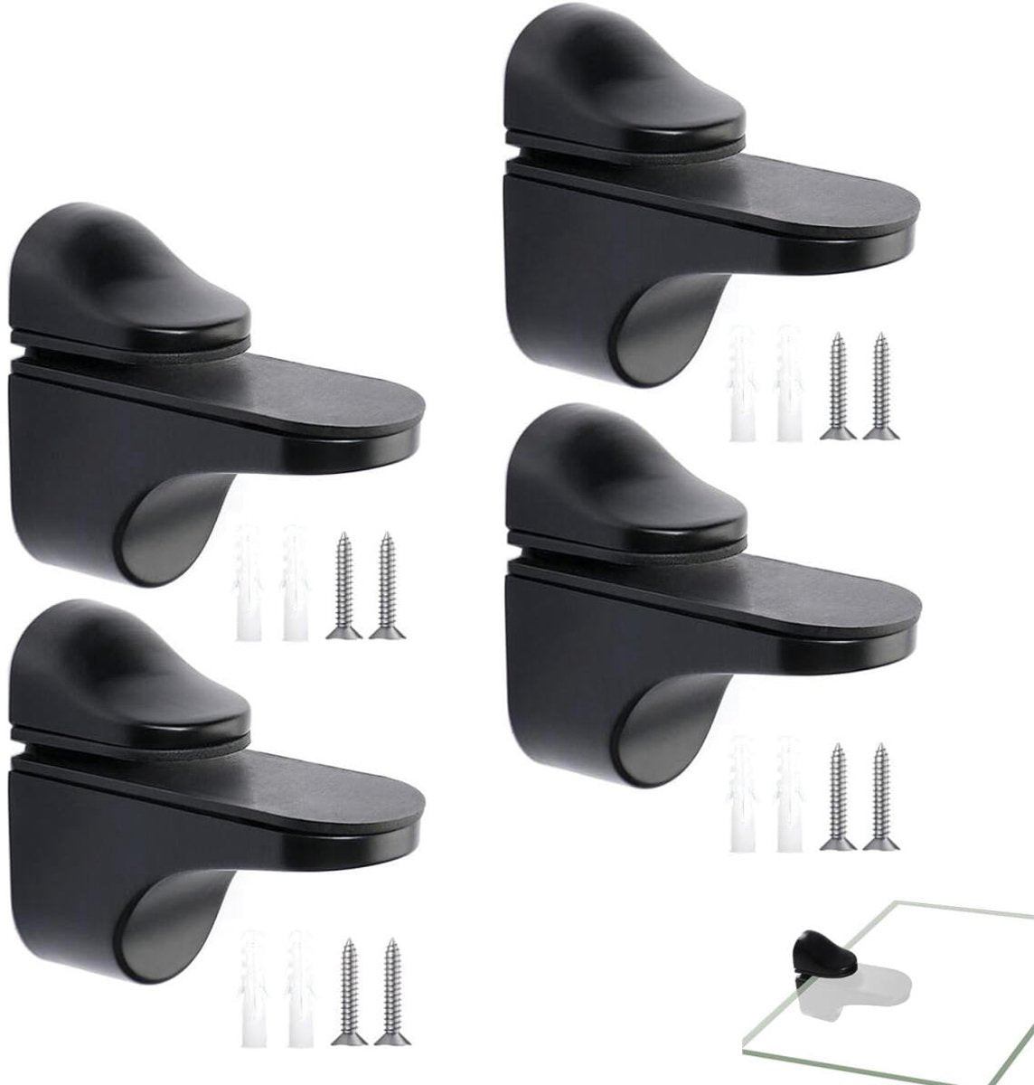 4 pieces - Glass clamp - Glass shelf brackets - Adjustable - Glass shelf bracket - fishmouth glass clip - wall mounting bracket - zinc alloy - furniture accessories - hardware accessories - with screws - for shelves of 3-20 mm thickness - 56*24*50 mm - bl